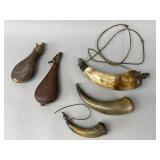 Group of Five 19th Century Powder Flasks & Horns