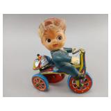 Tin Lithograph Wind-Up Toy Boy on Tricycle
