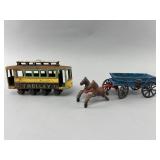 Cast Iron Trolley and Horse-Drawn Cart Set