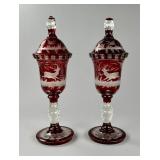 Pair of Bohemian Ruby Cut to Clear Glass Pokals