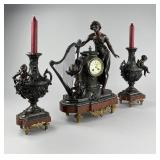French Figural Mantel Clock & Garnitures 19th C.