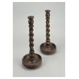 Pair Antique English Oak Barley Twist Candlesticks