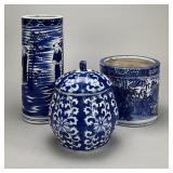 3 Chinese Blue & White Hand Painted Pottery Pieces