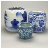 3 Chinese Blue & White Pottery Jardinieres