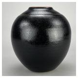 Japanese Bulbous Pottery Vase Tenmoku Style Glaze
