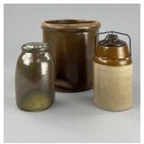 2 Stoneware Preserving Jars & Crock