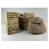 Wicker & Leather Fishing Creel Baskets & Bait Box