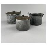 3 Grey Enamelware Graniteware Berry Pails