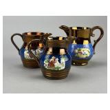 3 English Sprigged Copper Lusterware Pitchers
