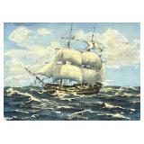 Signed Marine Watercolor Painting of a Frigate