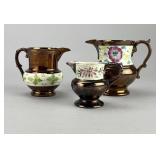 3 English Copper Lusterware Pitchers Early 19th C