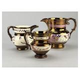 3 English Banded Copper & Pink Lusterware Pitchers