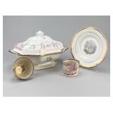 English Pink Lusterware Cups, Plate & Lidded Bowl