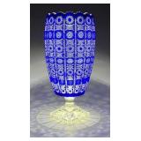 Large Cobalt Cut to Clear Vase on Pedestal Base