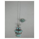 Silver Necklace Turquoise Owl Pendant, Flower Ring