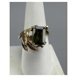 14K Ladies Emerald Cut Green Tourmaline Leaf Ring
