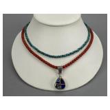 Silver Coral Turquoise Bead Necklace, Signed Charm