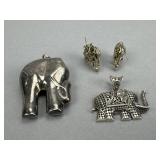 Sterling Elephant Charms, Silver Tone Earrings