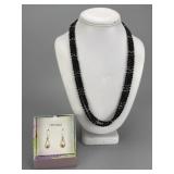 14K Clasp Black Glass Bead Necklace, 10K Earrings