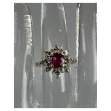 14K White Gold Ruby and Diamond Cluster Ring
