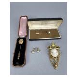 Diamond Stick Pin, Cameo Brooch, 12K GF Earrings