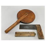 Wood Measuring Wheel, Brass Folding Ruler, and Try