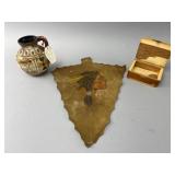Three-Piece Lot: Leather Art, Pottery, and Cedar B