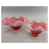 Fenton Pink Hobnail Glass Bowls with Ruffled Edges