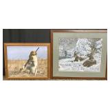 Framed Wildlife Art: Signed Deer Print & Dog Photo