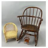 Lot of Three Miniature Chairs, Wood and Wicker