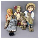 Lot of Vintage Cloth Dolls With Printed Designs