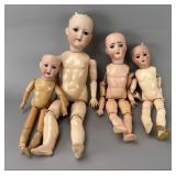 German Bisque Doll Heads and Bodies, 4 Total