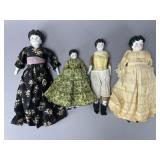 Set of Four Porcelain Dolls, Fabric Clothing