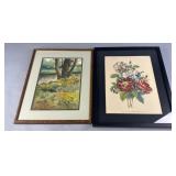 Framed Watercolor Landscape and Floral Print