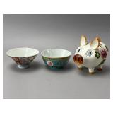 Decorative Porcelain Bowls and Pig Figure