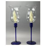 Glass Candle Holders with Blue Stems, Pair