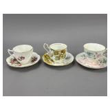 Set of Three Floral Bone China Teacups Saucers