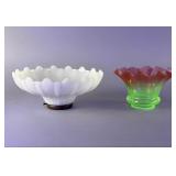 Pair of Glass Shades, White & Uranium Ruffle