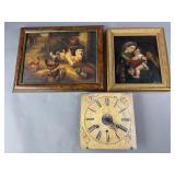 Group of Two Paintings and a Wall Clock