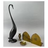 Ceramic Swan, Brass Vase, Dish, and Bookends