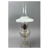 Glass Oil Lamp with Fluted White Shade