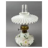 White Glass Oil Lamp with Floral Decoration