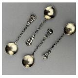 4 Antique Sterling Salt Spoons with Roses