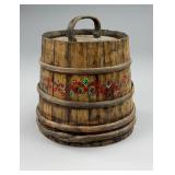 Artist Decorated Wood Bucket with Attached Lid