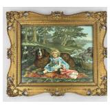 19th C. Chromolitho "Wide Awake" Girl with Dog