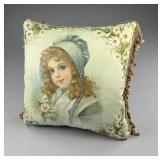 Late Victorian Bonnet Girl w Daisies Litho Pillow