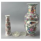 2 Porcelain Vases and 2 Glass Flower Holders