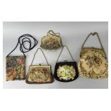 Five Vintage Fabric Handbags with Floral Designs