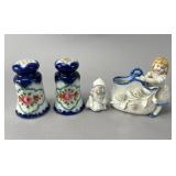 Ceramic Salt Pepper Shakers Floral Blue Tops