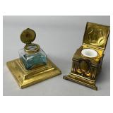Pair of Brass Tone Glass & Ceramic Inkwells